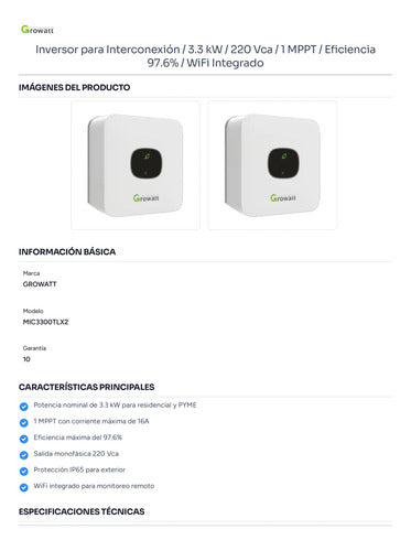 Inversor Growatt 3.3 Kw, Mic 3300tl-x2, 220v 1 Mppt.